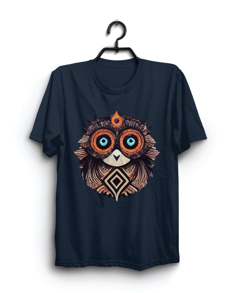 Cloth Machine owl art pure cotton Navy Blue Tshirt