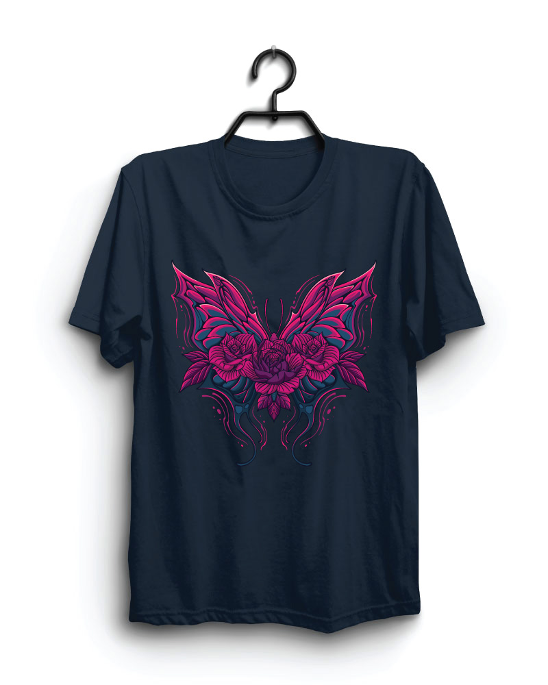 Cloth Machine rose butterfly pure cotton Navy Blue Tshirt