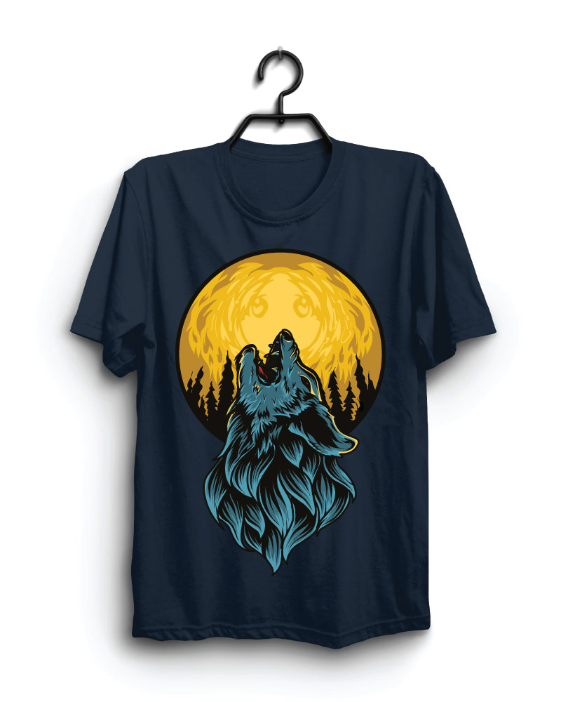 Cloth Machine wolf moon pure cotton Navy Blue Tshirt