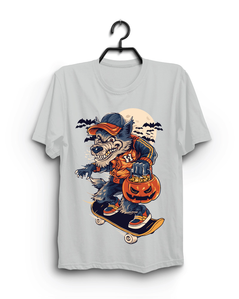 Cloth Machine wolf skating pure cotton Grey Tshirt